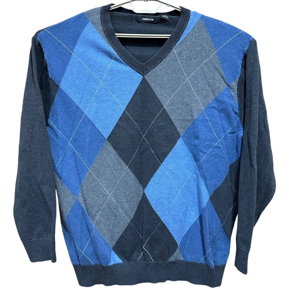 Claiborne Mens Sweater XLT Blue Gray Argyle Pullover Long Sleeve 100% Cotton